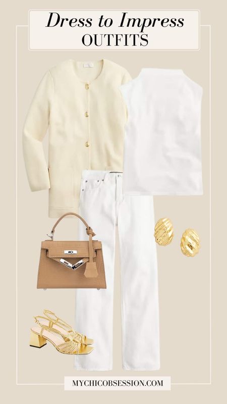 Start a classic summer look with a monochromatic white base of white jeans and a white sleeveless top. Add a long sweater, gold earrings, and a top handle bag. Gold heels complete the look.

#LTKSeasonal #LTKStyleTip #LTKWorkwear