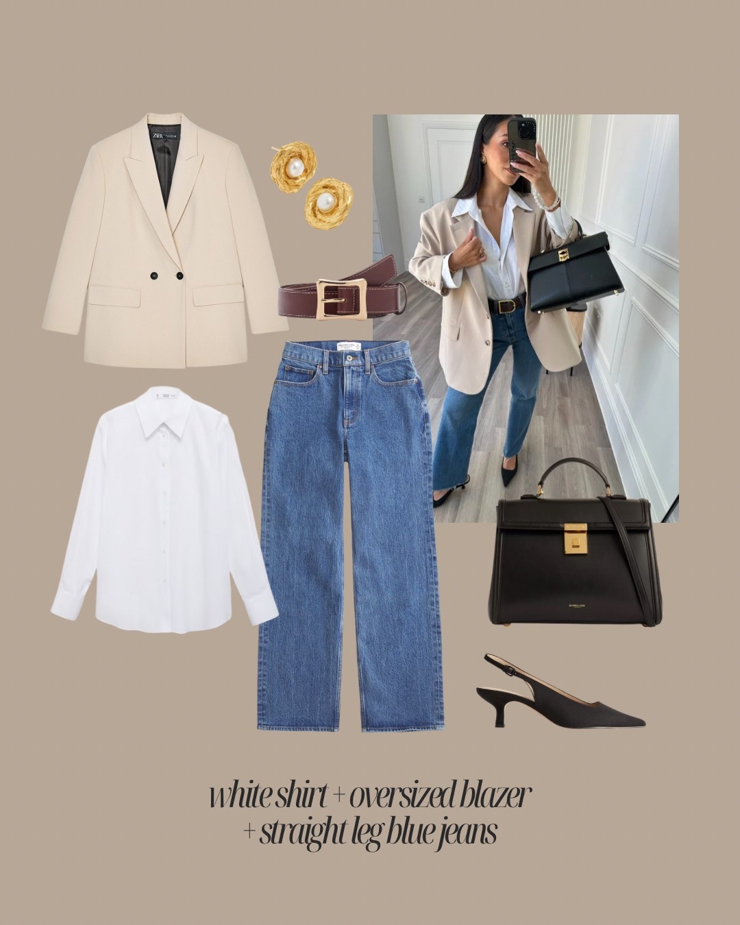 Workwear outfit for spring, Zara oversized sand blazer, Mango white shirt, Abercrombie straight leg blue jeans, Cafune black bag (similar linked below), brown belt, & Other Stories slingbacks and Soru gold pearl earrings 

 

#LTKAprilSpotlight #LTKspring #LTKworkwear