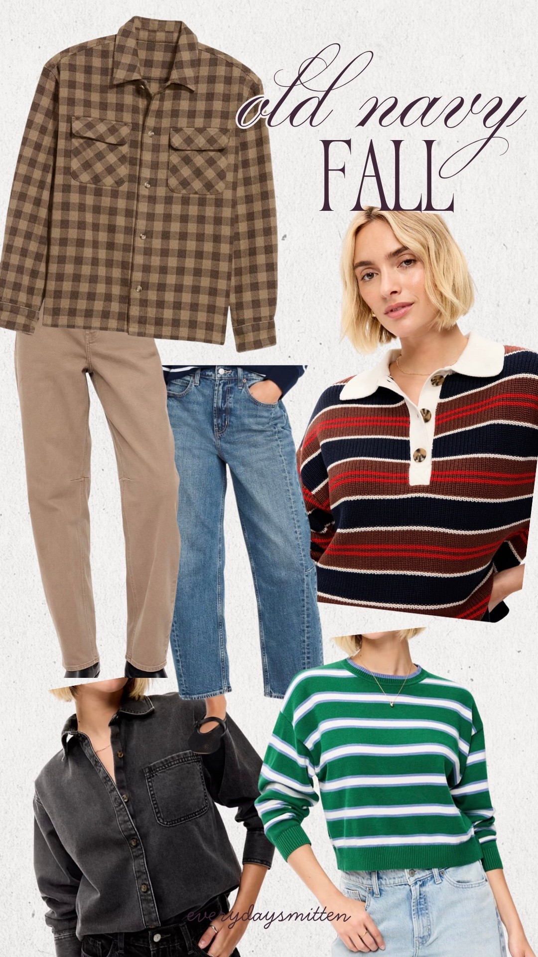 Old navy fall outfits, teacher outfits, mom outfits! 
gingham plaid flannel shacket: xs
barrel denim jeans: 0
oversized black denim button down: xs
stripe rugby sweater: s

#LTKmomlife #LTKOver40 #LTKWorkwear