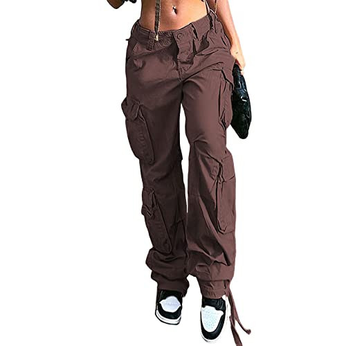 Viatabuna Women's High Rise Straight Leg Y2K Streetwear Cargo Pants Baggy Boyfriend Pants with Pocket Brown | Amazon (US)