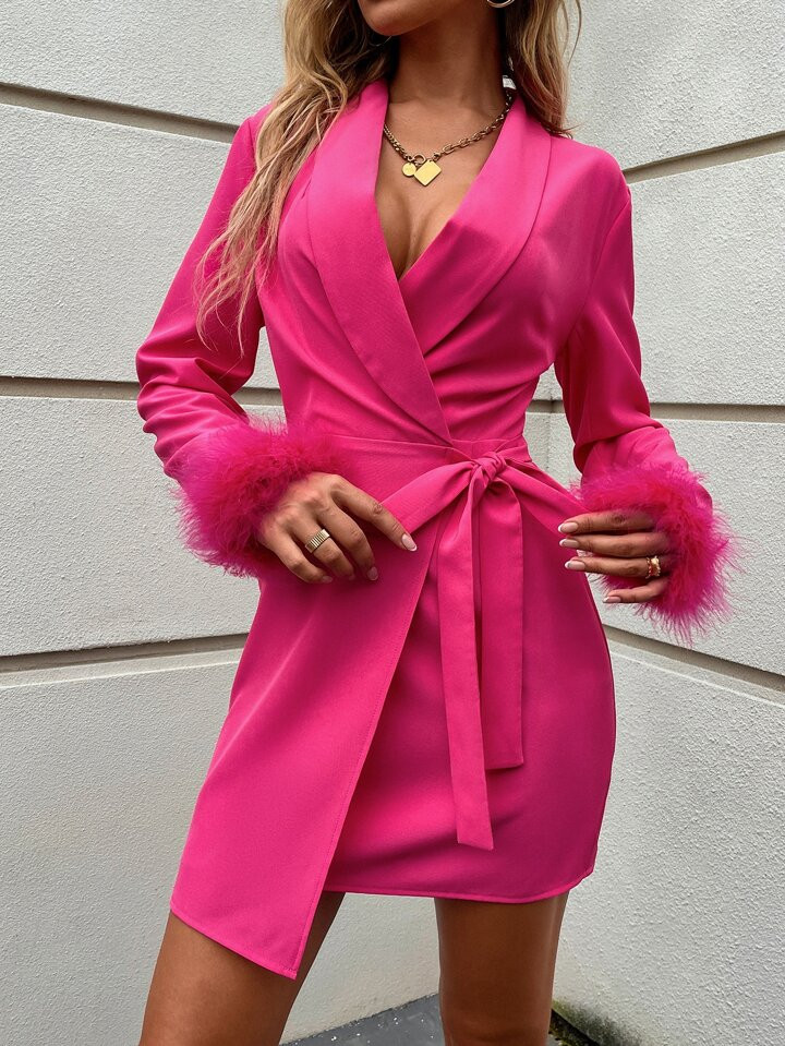 SHEIN Belle Shawl Collar Wrap Knot Side Dress | SHEIN