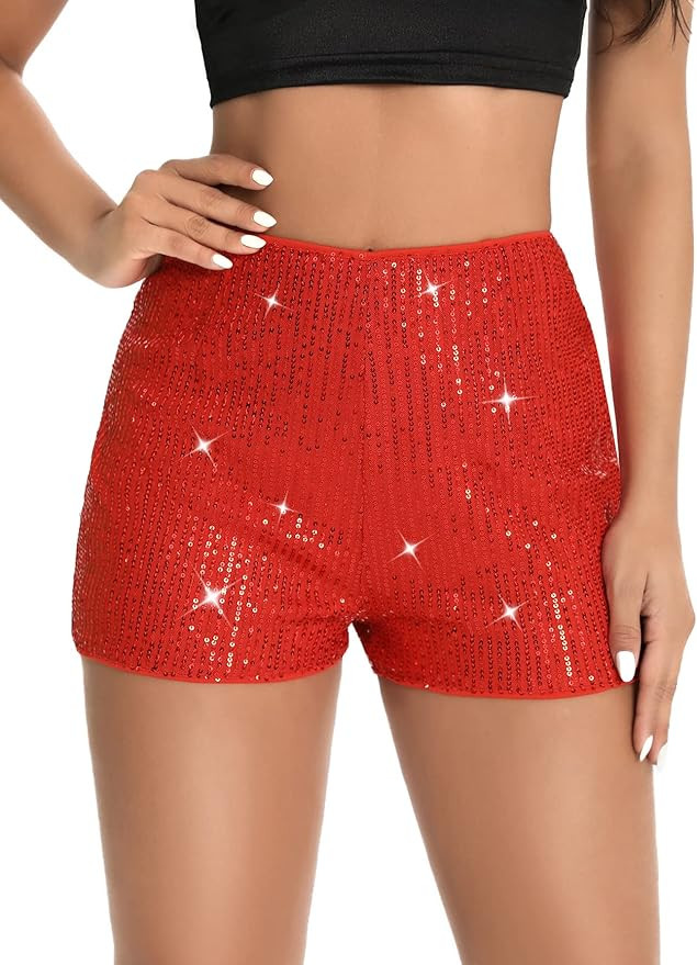 SweatyRocks Women's Sequins High Elastic Waist Straight Leg Shorts Solid Glitter Party Shorts | Amazon (US)