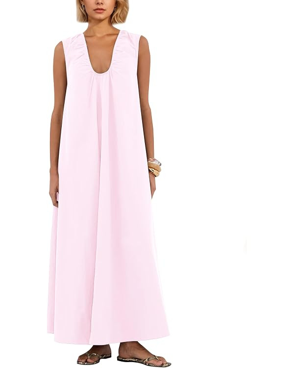 Women Sleeveless Ruched Maxi Dress Scoop Neck Long Elegant Dresses Wide Shoulder Strap Blouse Dre... | Amazon (US)