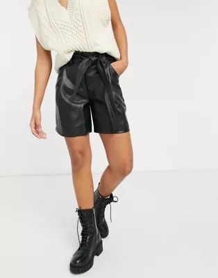 Miss Selfridge faux leather tie waist shorts in black | ASOS | ASOS (Global)
