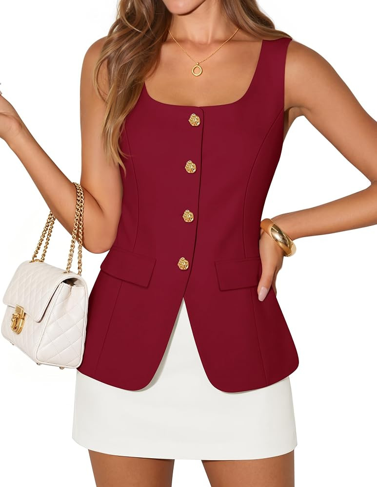ZESICA 2026 Summer Casual Sleeveless Suit Vest for Women Square Neck Button Down Work Business Bl... | Amazon (US)