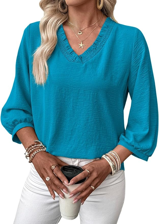 SHEWIN Women Smocked Neck Tops 3/4 Sleeve Loose Fit Shirts Business Dressy Casual 2026 | Amazon (US)