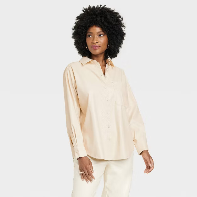 Women's Long Sleeve Faux Leather Button-Down Shirt - A New Day™ | Target