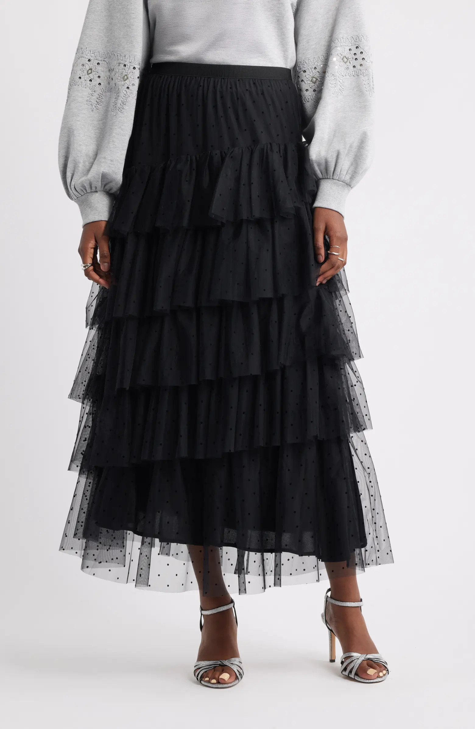 Treasure & Bond Flock Dot Tiered Tulle Maxi Skirt | Nordstrom | Nordstrom