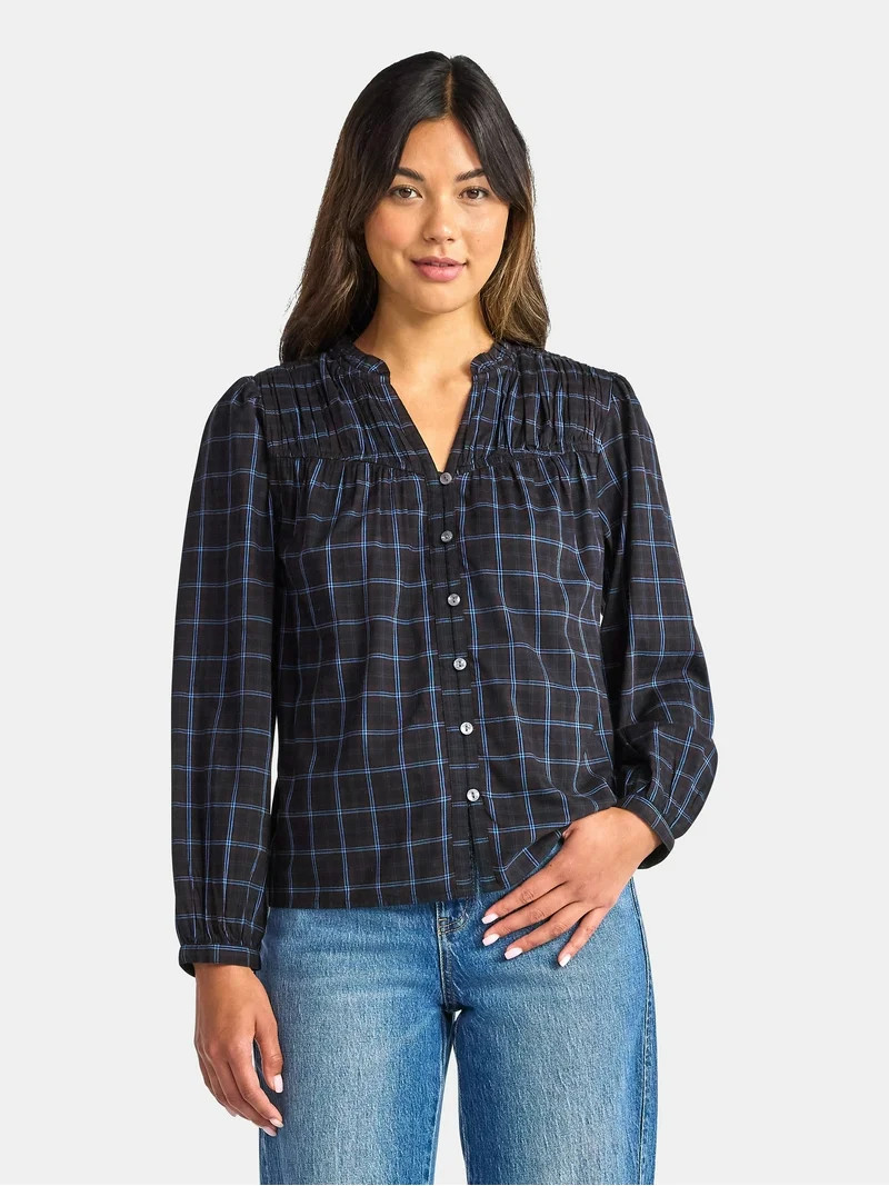 Time and Tru Women's Ruched Yoke Blouse with Long Sleeves, Sizes XS-XXXL | Walmart (US)