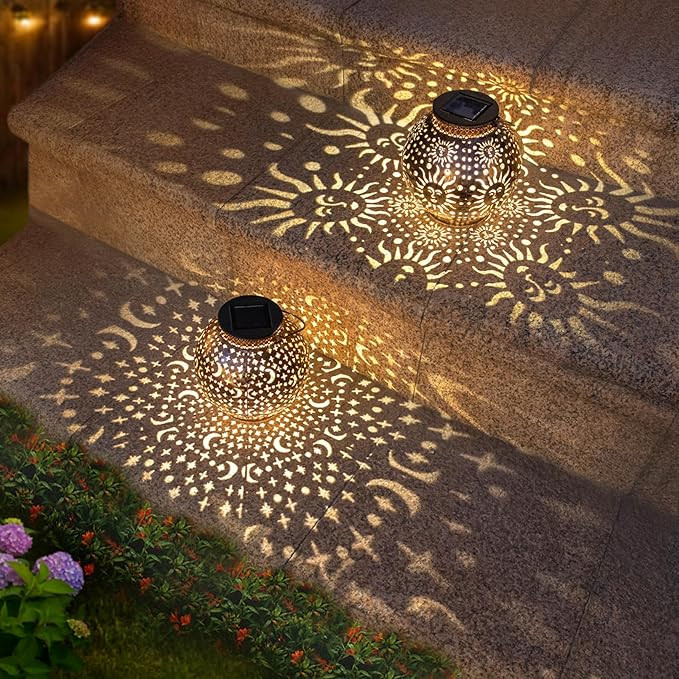 2Pack Solar Garden Lanterns Outdoor Hanging Lights Decorative Metal Moon Star Sun Solar Lanterns ... | Amazon (US)
