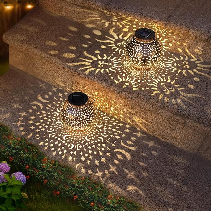 2Pack Solar Garden Lanterns Outdoor Hanging Lights Decorative Metal Moon Star Sun Solar Lanterns ... | Amazon (US)