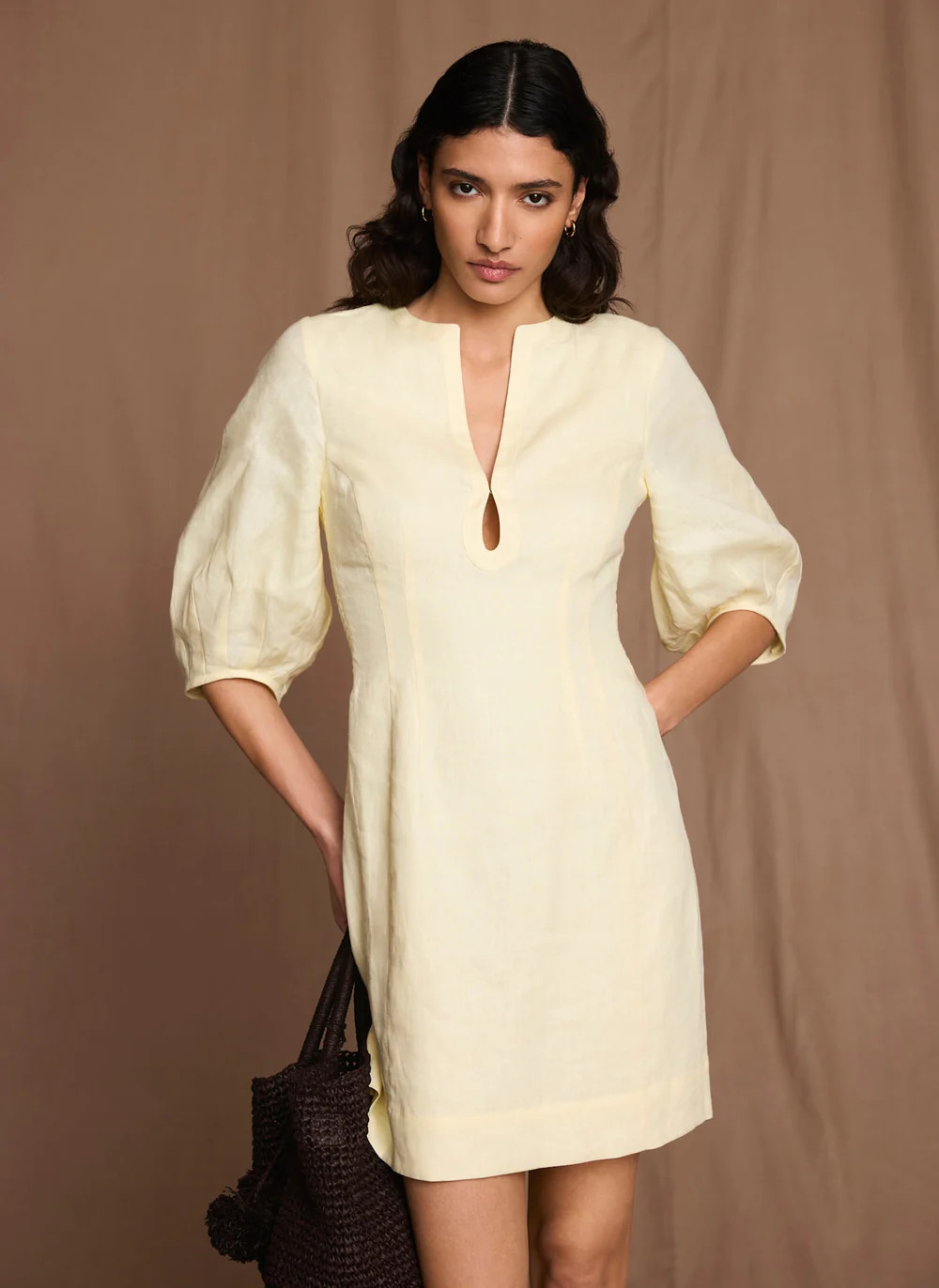 Yellow Linen Puff Sleeve Mini Dress | Mint Velvet