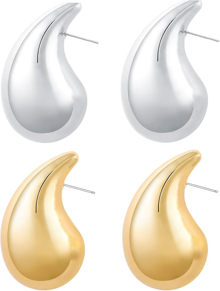 Vuleto Small/Large Drop Earring Dupes, Chunky Gold Hoop Earrings for Women Girls, 18k Gold Lightw... | Amazon (US)