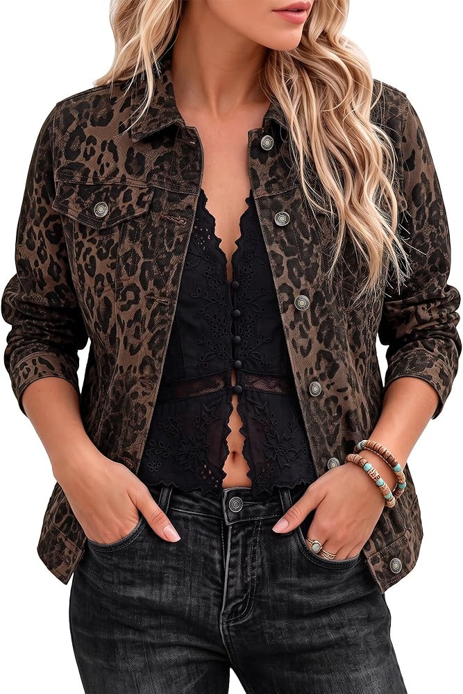 luvamia Women Leopard Cheetah Print Jackets Stretch Button Down Jean Jacket | Amazon (US)