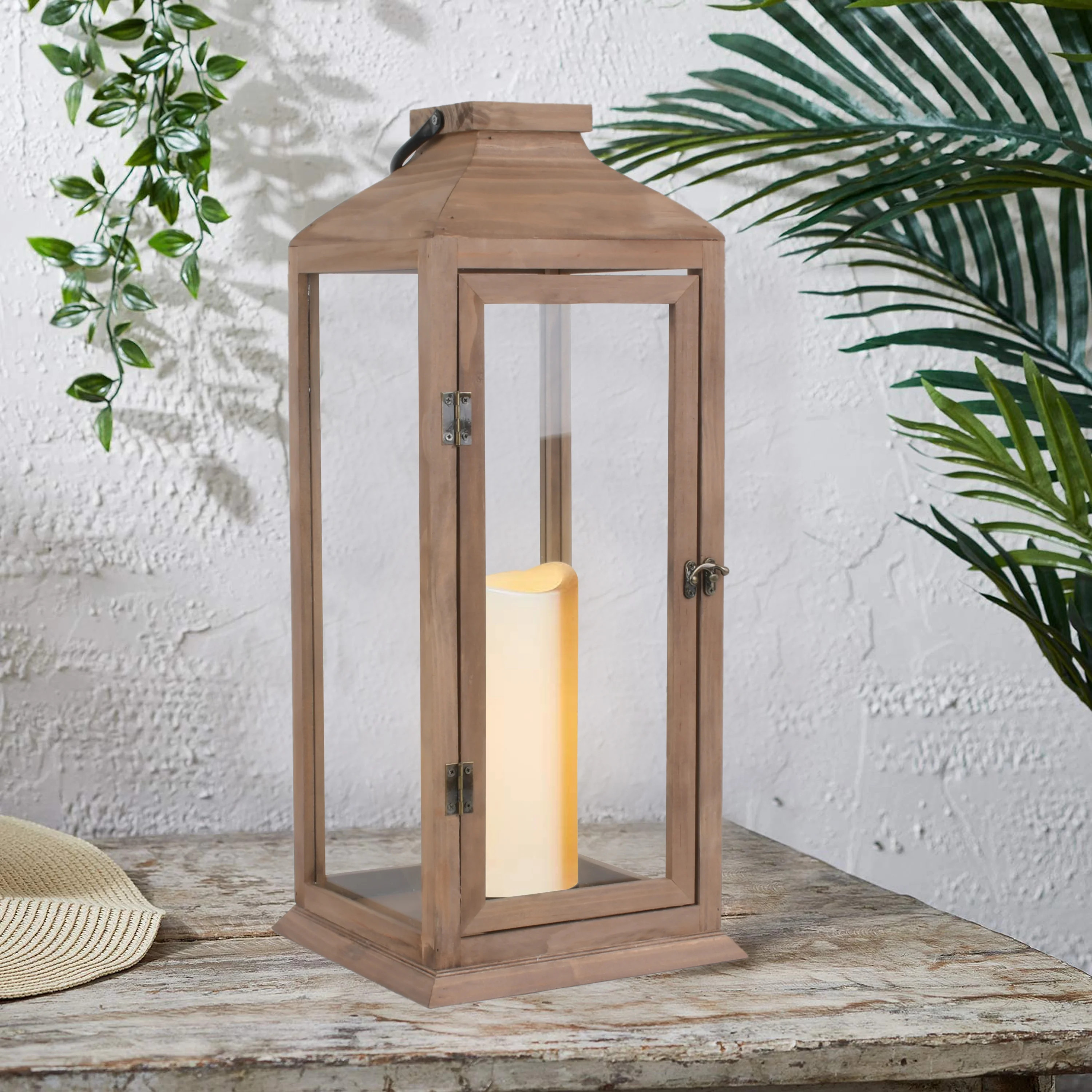 Better Homes & Gardens Decorative Natural Wood and Glass Battery Operated Outdoor Lantern with Re... | Walmart (US)
