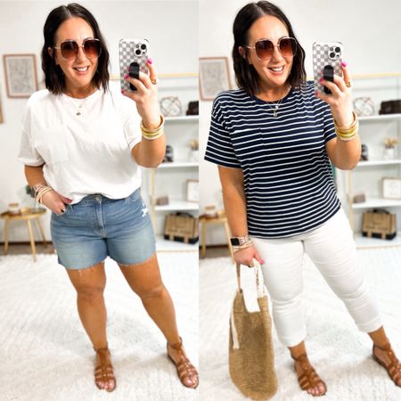 $7.98 boyfriend tees are BACK IN STOCK! 
XL in mine. 
One of my go-to’s for some reason many looks!
Size 16 shorts
Size 16 capri denim 
Sandals fit tts

#LTKMidsize #LTKSeasonal #LTKFindsUnder50