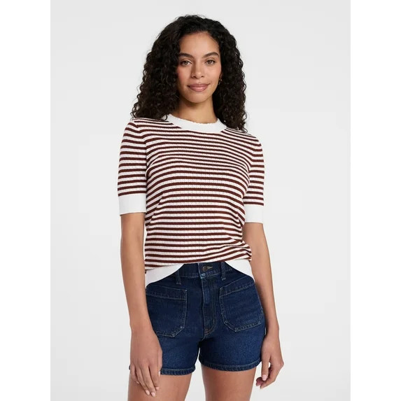 Time and Tru Women's Stripe Pointelle Rib Sweater with Short Sleeves, Lightweight, Sizes XS-XXXL | Walmart (US)