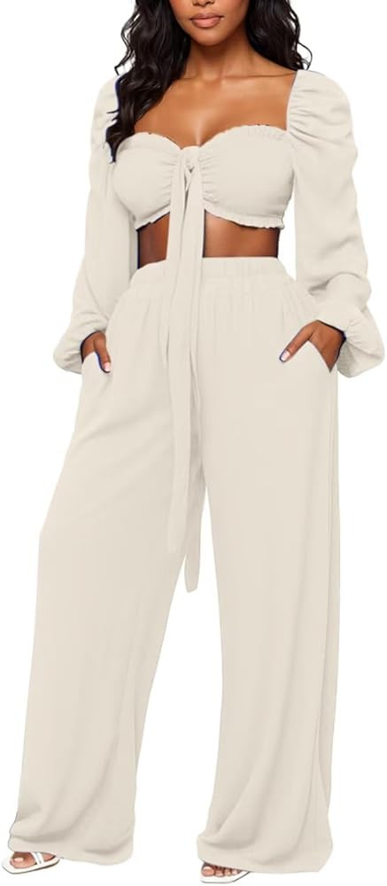 WXN Womens Two Piece Outfits Tie Front Bandeau Crop Top and Wide Leg Pants Set Vacation Summer Ou... | Amazon (US)