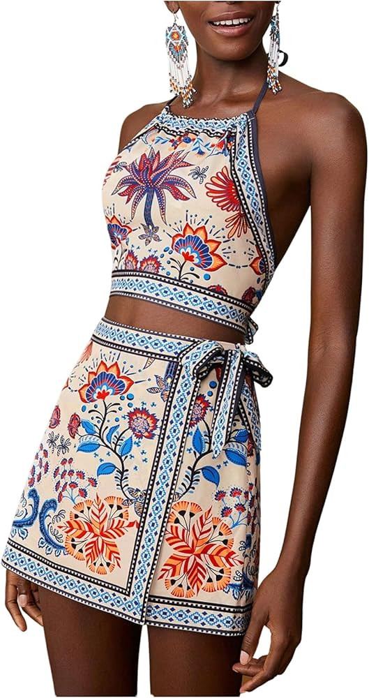 MakeMeChic Women's Boho 2 Piece Outfit Halter Backless Crop Tops and Wrap Skirt Skorts Travel Vac... | Amazon (US)