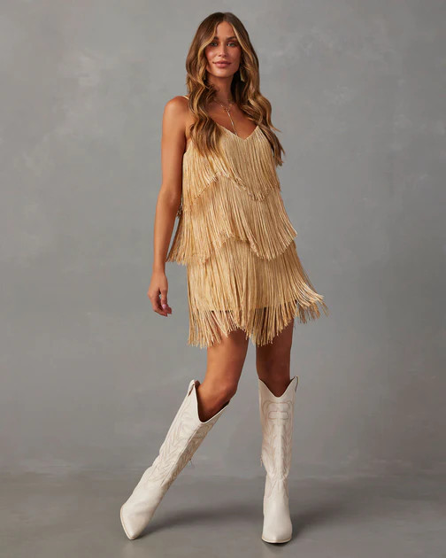 Rodeo Nights Fringe Mini Dress - Gold | VICI