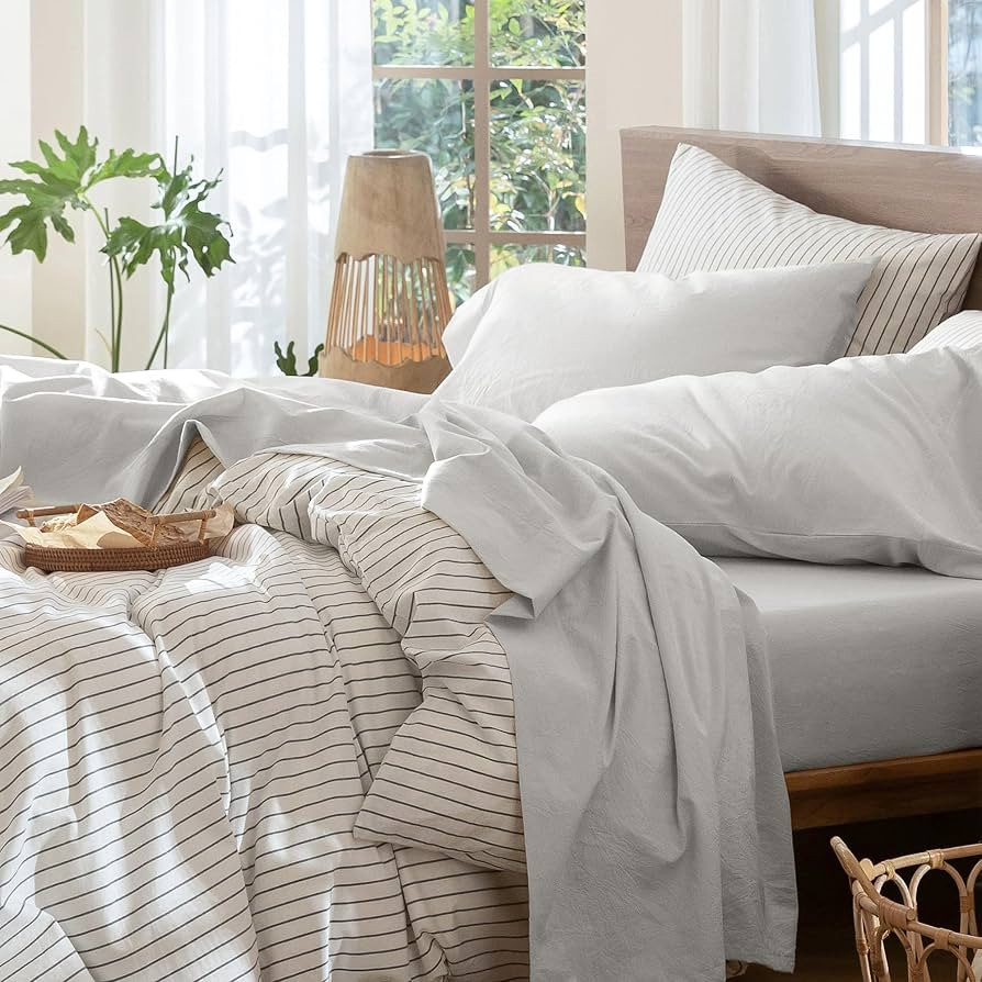 MooMee Bedding Sheet Set 100% Washed Cotton Linen Like Textured Breathable Durable Soft Comfy (So... | Amazon (US)