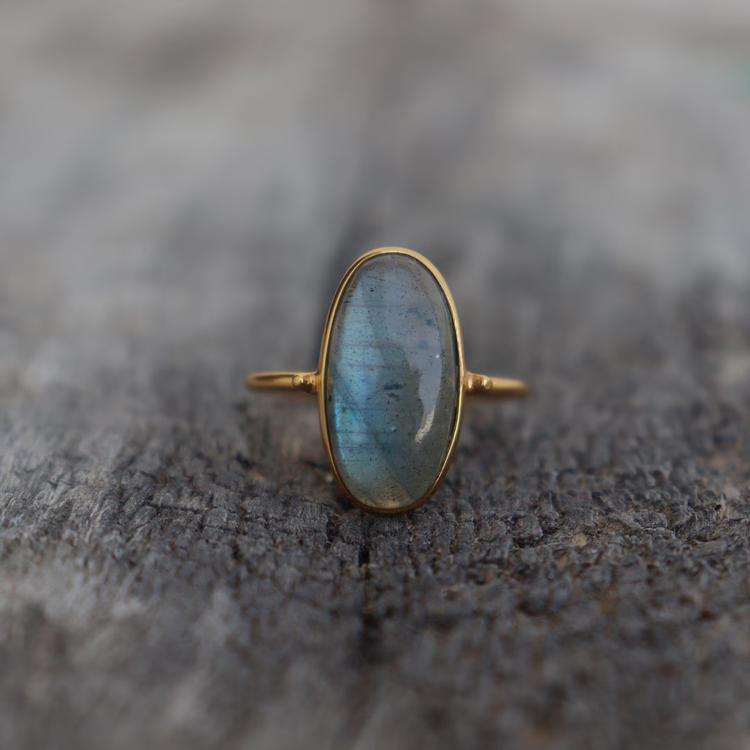 Long Gold Labradorite Ring 14k Gold Plated Rings, Blue Fire Labradorite Gold Ring, 925 Sterling S... | Etsy (US)