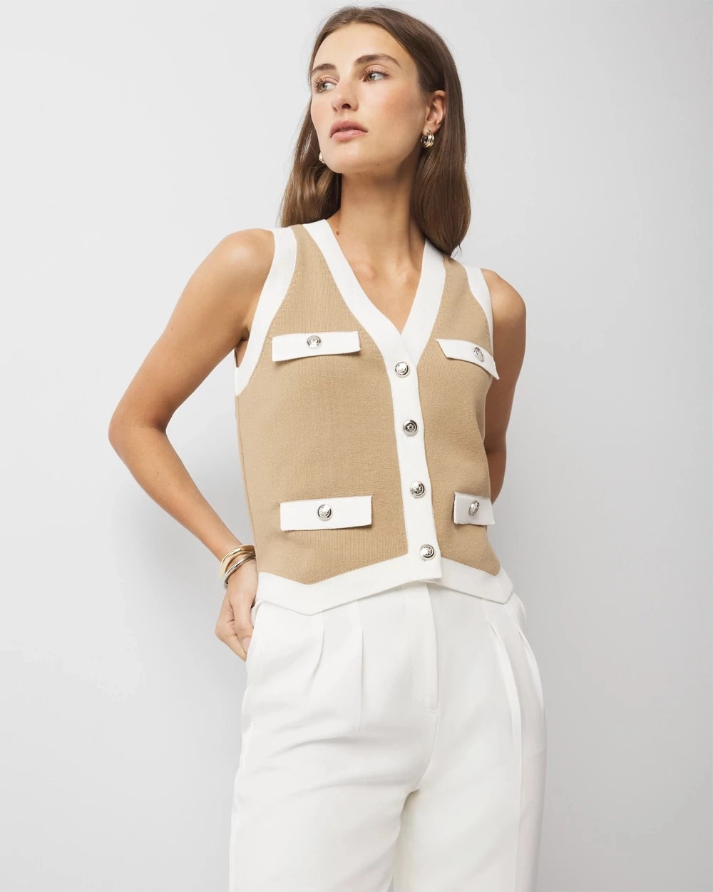 Women's Colorblock Sweater Vest in Cafe Au Lait size XXS | White House Black Market | White House Black Market