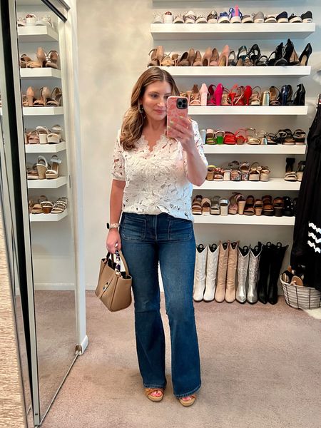 White lace top, flare leg jeans, platform sandals, gold jewelry, spring outfit, summer fashion, casual outfit, casual workwear 

#LTKFindsUnder50 #LTKStyleTip #LTKFindsUnder100