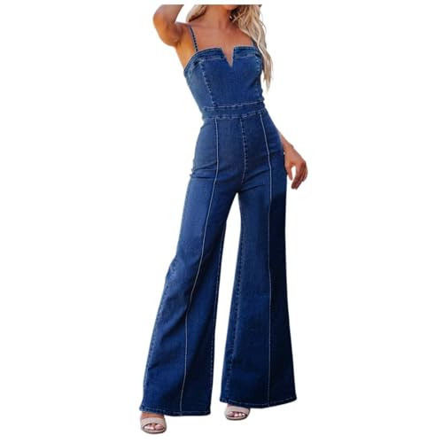 Jean Jumpsuit for Women Dressy Distressed Adjustable Strap Denim Overalls Stretchy Sleeveless Wide Leg Jeans Pants | Amazon (US)
