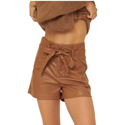 Slickblue Taupe Faux Leather Shorts for Women - Paperbag Waist with Belt, Side Pockets, Size S | Target