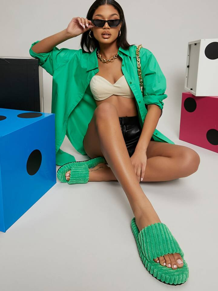 Round Toe Corduroy Detail Slip On Slides | SHEIN