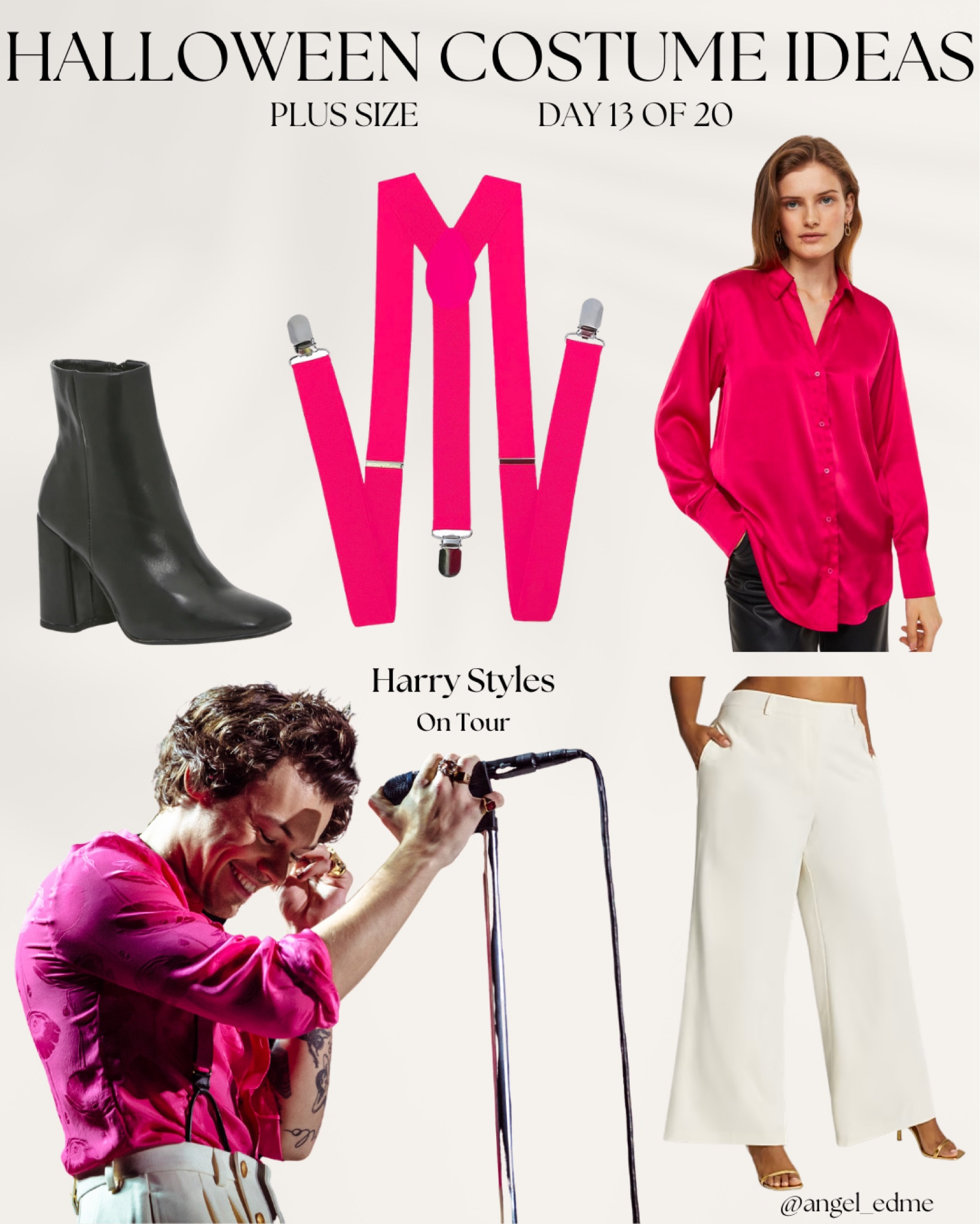 Plus size Halloween costume ideas! Harry Styles has been a household name! This pink blouse, white wide leg pants, suspenders, and booties will get your ready. 

#plussize
#halloween
#buttonup
#boots
#wideleg

#LTKcurves #LTKHalloween #LTKstyletip