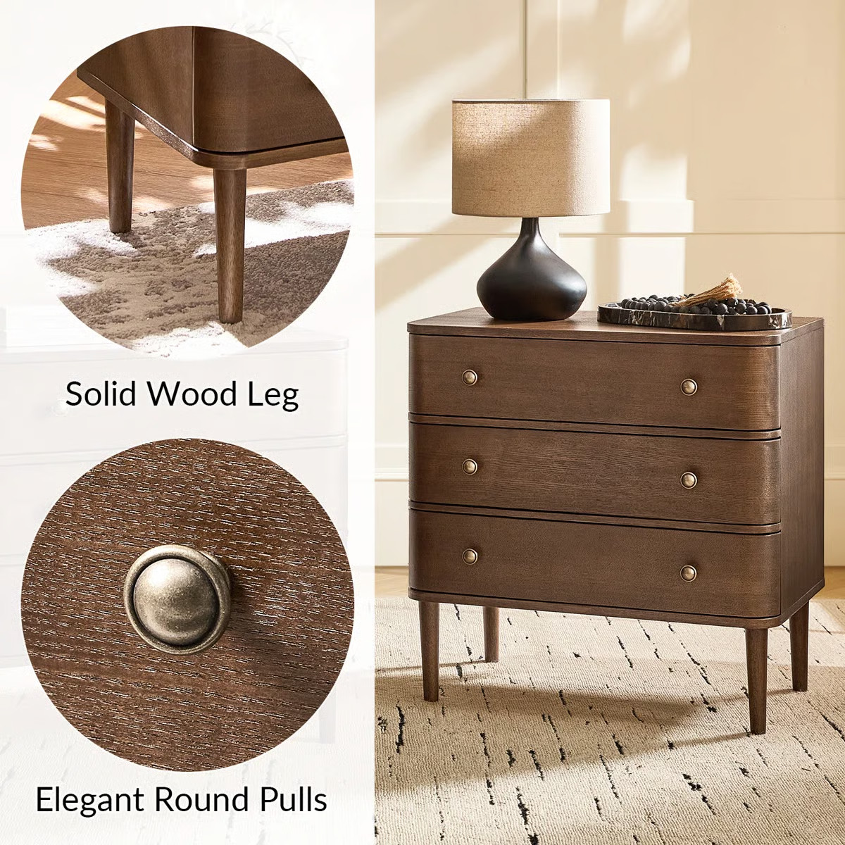 Hokku Designs Cridford Modern 26"W 3-Drawer Nightstand and Curved Body with Solid Wood Legs Built... | Wayfair North America