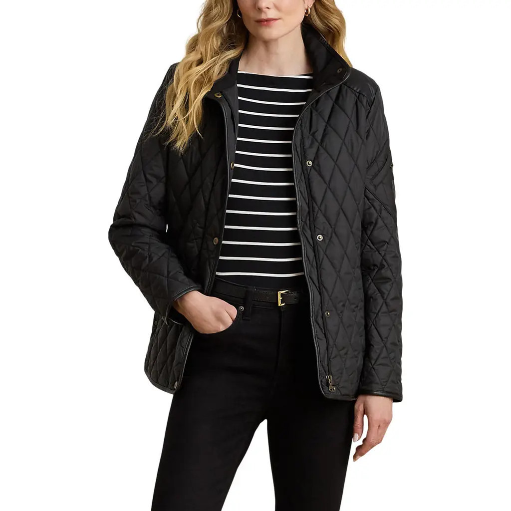 Lauren Ralph Lauren Diamond Quilted Barn Jacket With Faux Leather Trim in Black at Nordstrom, Size Large | Nordstrom