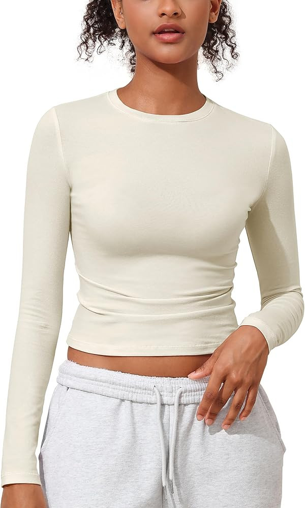 kayamiya Women's Basic Long Sleeve Cotton Shirts Tight Fit Fall Crewneck Trendy Y2K Crop Tops | Amazon (US)
