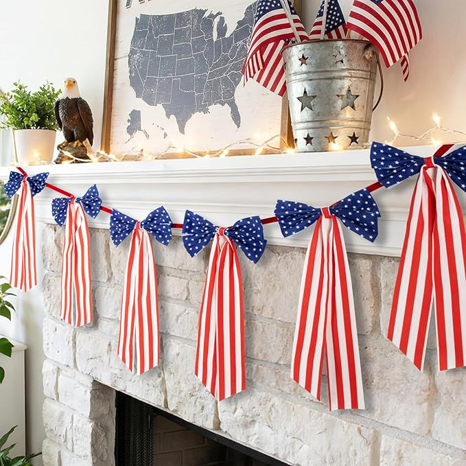 4th of July Decorations - 6.7 FT Patriotic Bow Garland Banner for 250th Anniversary, Independence... | Amazon (US)