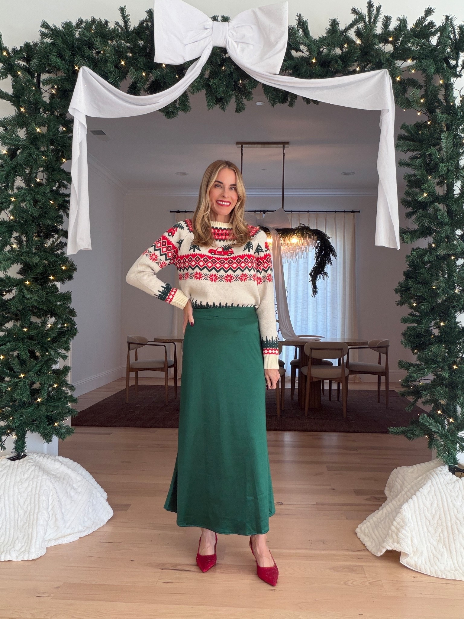 This Christmas sweater is SO festive and warm! Paired with this green maxi satin skirt it’s the perfect holiday outfit  

#LTKOver40 #LTKgrwm #LTKHoliday