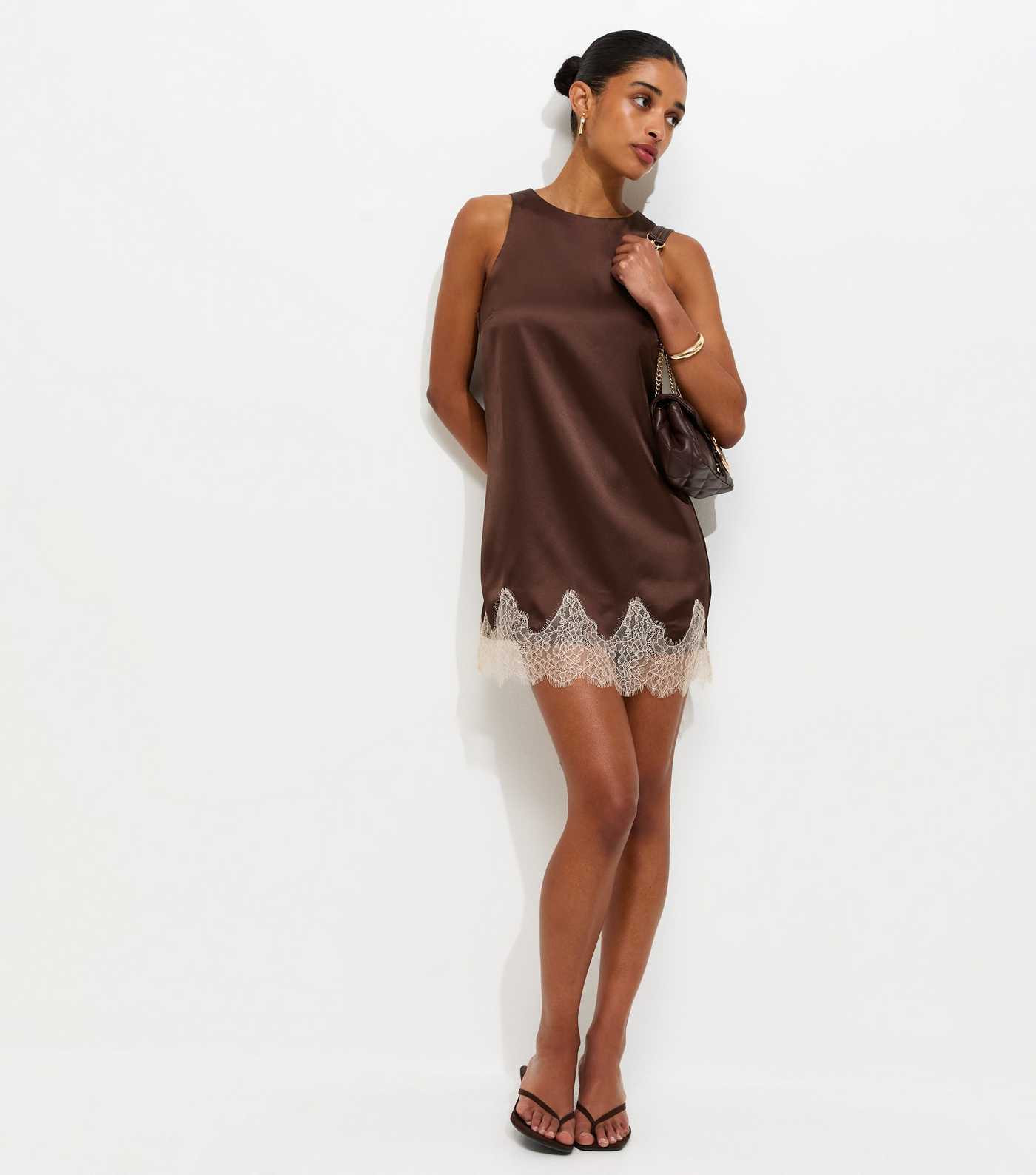 Brown Satin Shift Lace Trim Mini Dress | New Look | New Look (UK)