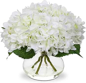 Hydrangea Artificial Flowers with Vase White Silk Fake Flowers Arrangements in Glass Vase with Fa... | Amazon (US)