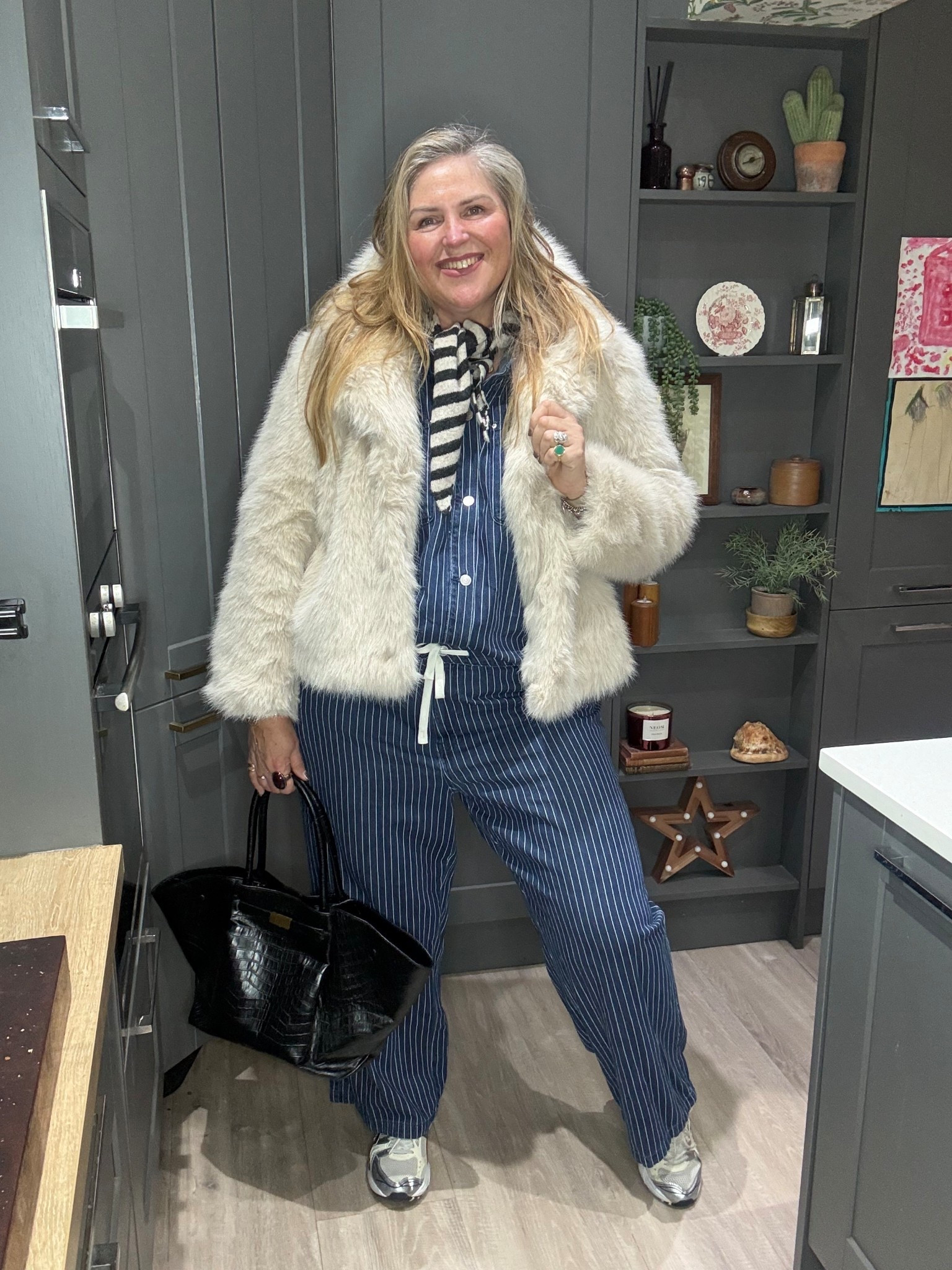 Denim stripe shirt, denim stripe trousers, faux fur coat, black tote bag, striped scarf, trainers 

#LTKjeans #LTKwinter #LTKplussize