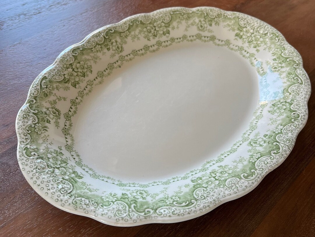 Vintage Transferware Platter White with Green Floral Ceramic Scalloped Frederick Winkle Co Coloni... | Etsy (US)