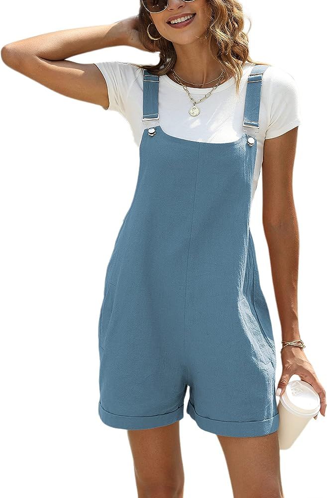 Ailoqing Womens Cotton Linen Short Overalls Casual Summer Bib Shortalls Rompers with Pockets | Amazon (US)