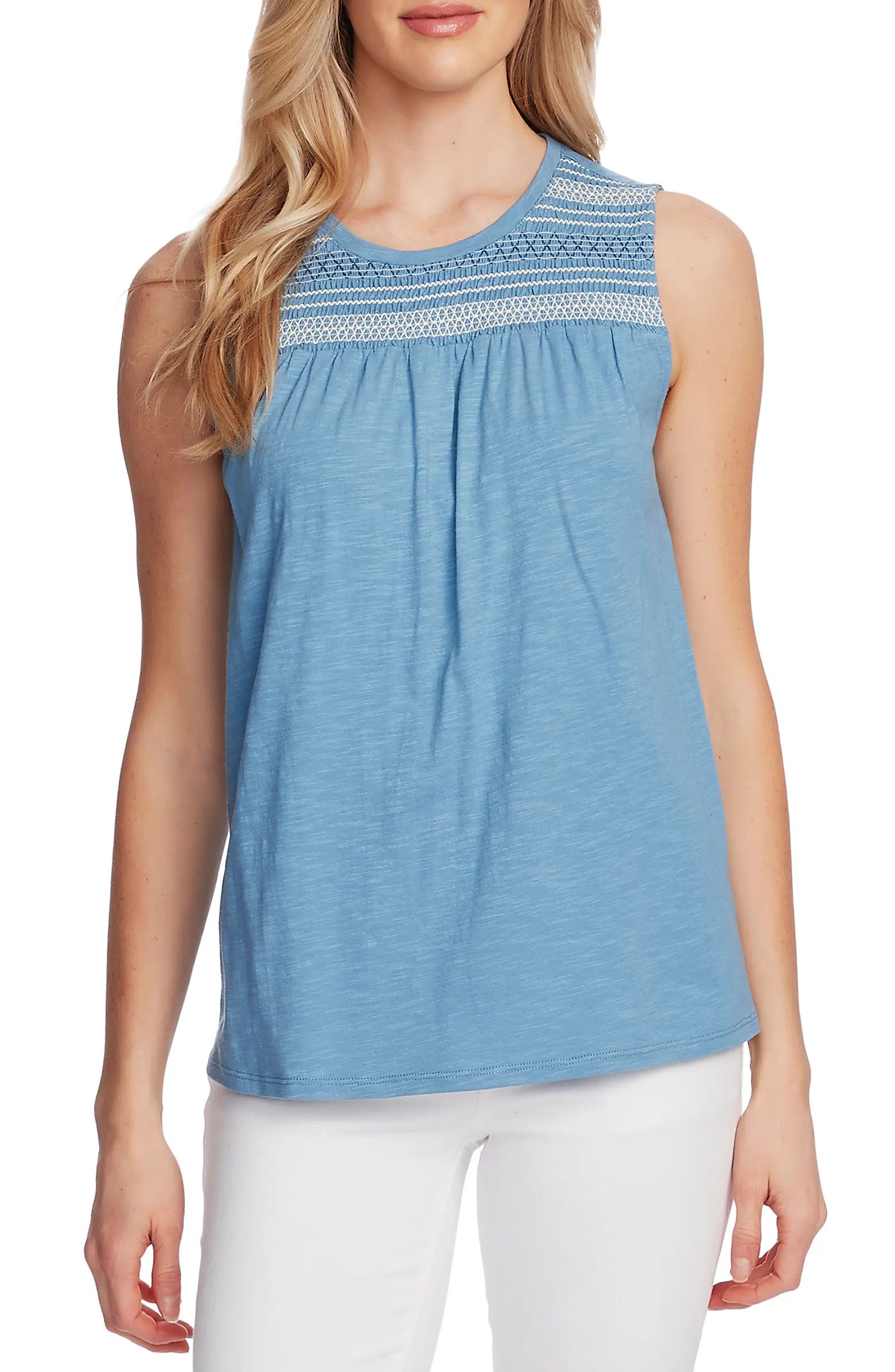 Embroidered Yoke Sleeveless Cotton Blend Top | Nordstrom