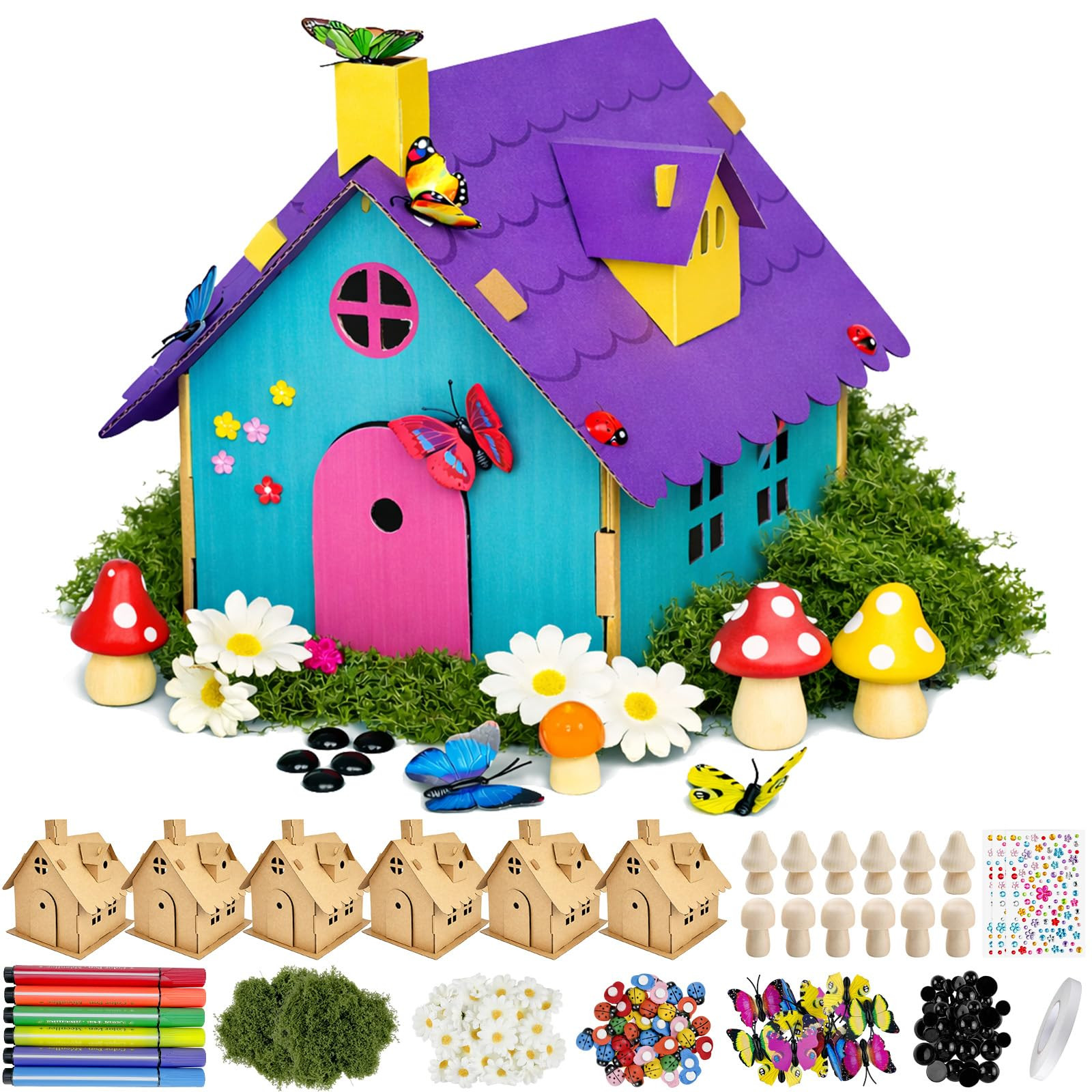 Cinrobiye 6 Pcs Fairy House Craft Kit DIY Miniature Fairy Garden with Coloring Pens Butterfly Flo... | Amazon (US)