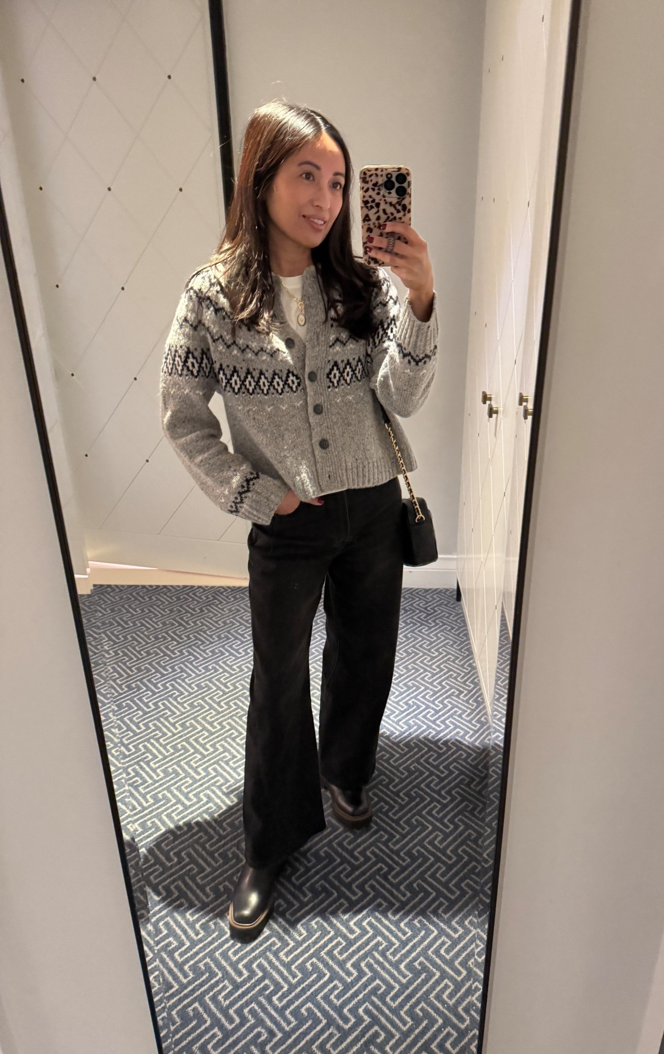 Winter outfit for sightseeing in London. 
Fairisle sweater cardigan. 
Good quality white t-shirt. 
Black jeans. 
Chelsea boots are leather and waterproof. 
Charm necklace. Layering necklaces. 


#LTKOver40 #LTKTravel
