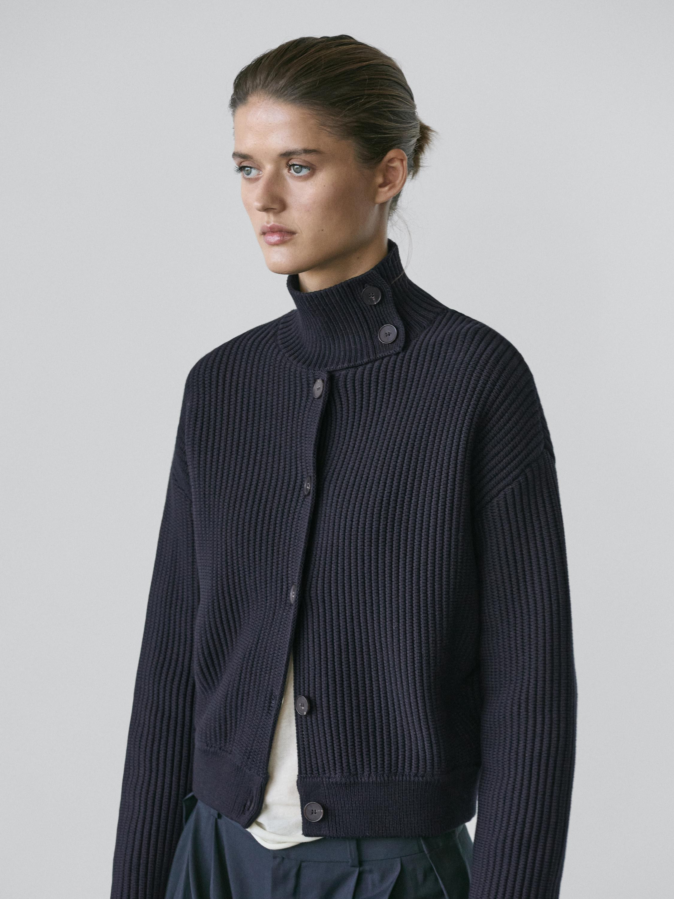 Cotton high neck knit cardigan | Massimo Dutti UK