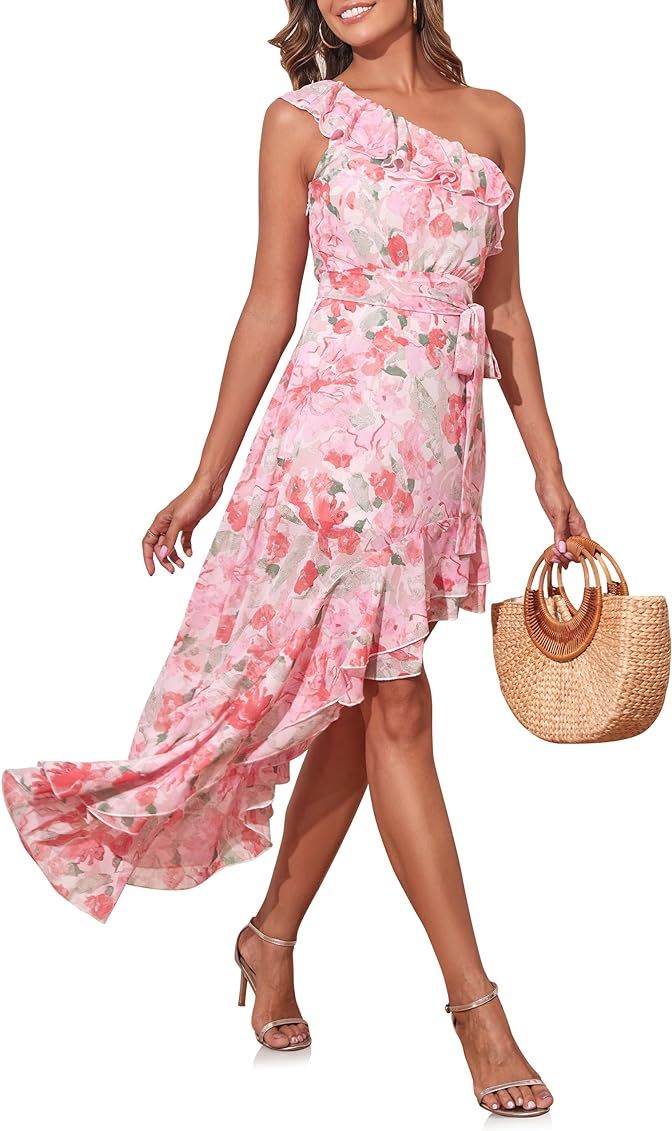 PrettyGuide Women's One Shoulder Maxi Summer Dress Belted Asymmetrical Ruffle Flowy Wedding Guest... | Amazon (US)