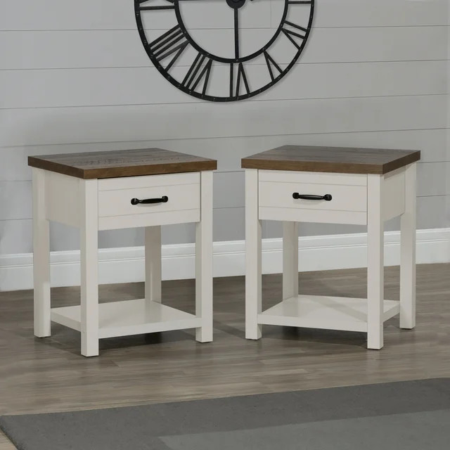 Hillsdale Lancaster Farmhouse Oak Top 1 Drawer Nightstand, Set of 2, Ivory | Walmart (US)