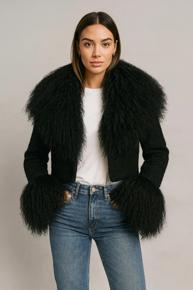 Odette Mongolian fur jacket-Black | Self-same