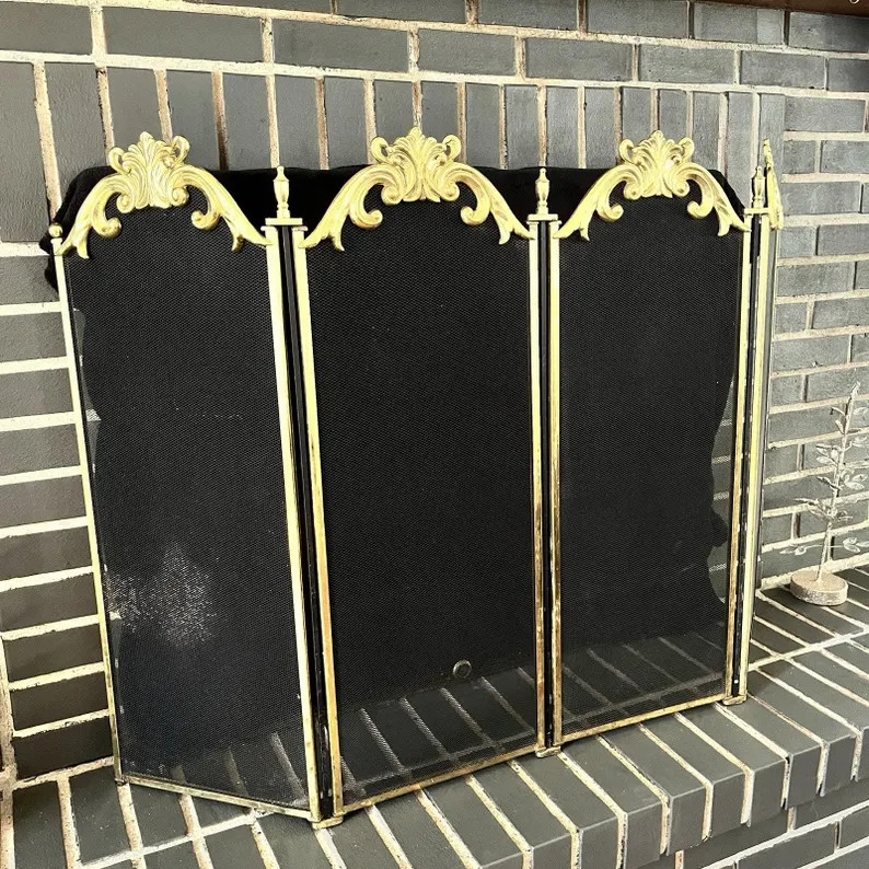 Vintage Brass Ornate Scroll 4 Panel Folding Fireplace Screen Hollywood Regency | Etsy (Global)